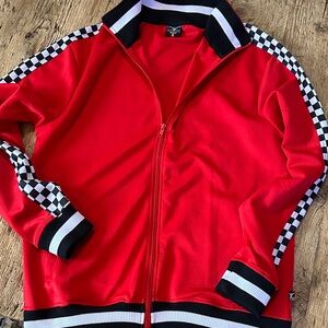 Men's Red Track Jacket with Checkered Sleeves.      B